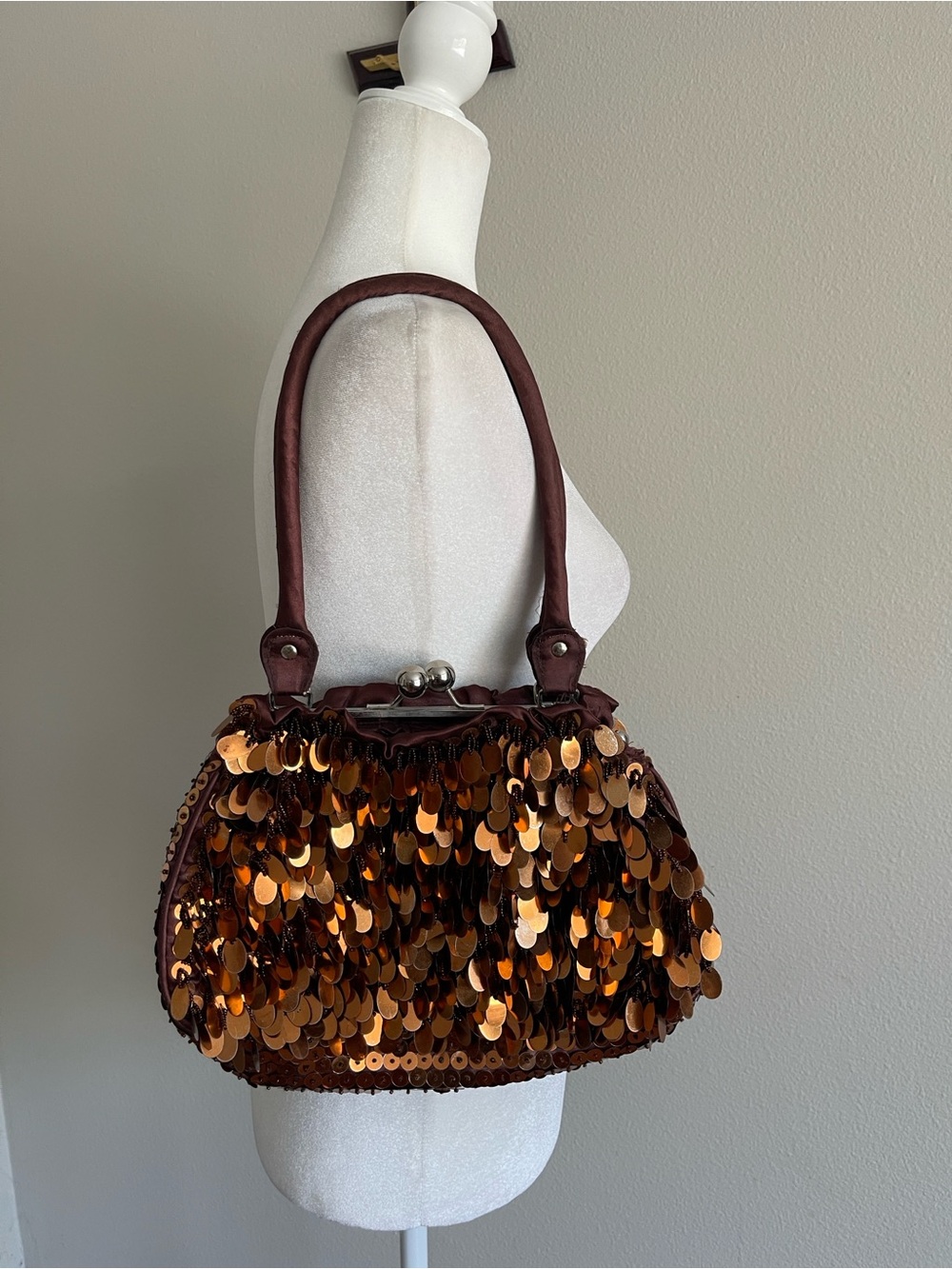 Sequined Brown Evening Handbag with Top Handle